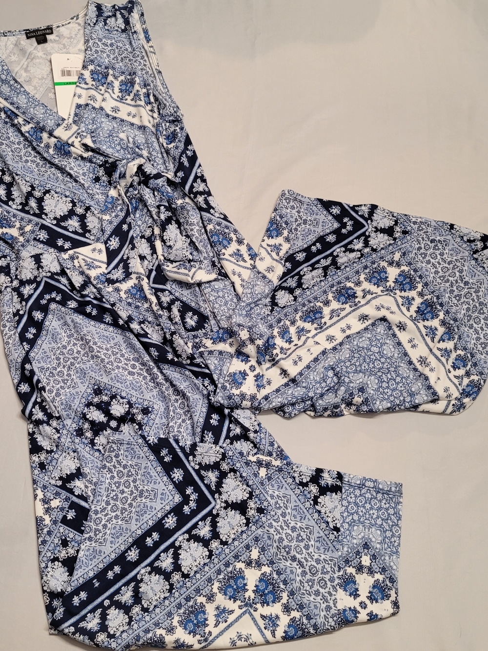 Nina Leonard Blue White Wide Leg Jumpsuit Faux Wrap Large